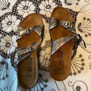 NAOT Metallic Leather Double Strap Buckle Rhinestone Sandals